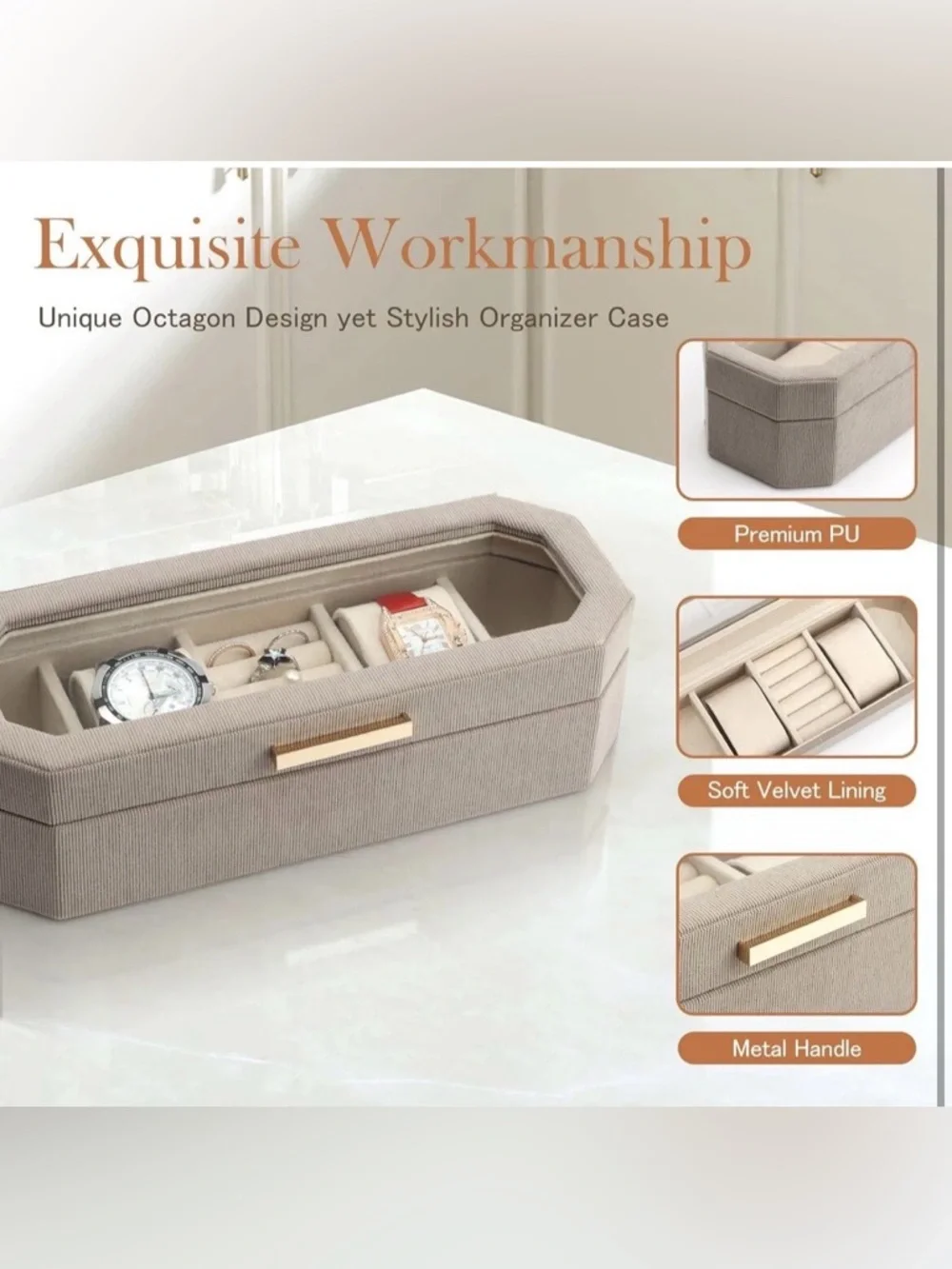 SANZIE 🆕 Velvet Fabric Jewelry Organizer Box with glass top and handle